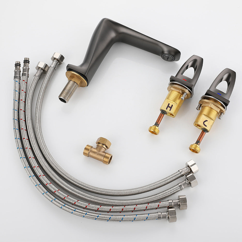 All Brass Modern Cold and Hot Water Dual Switch 3 Hole Bathroom Basin Faucet