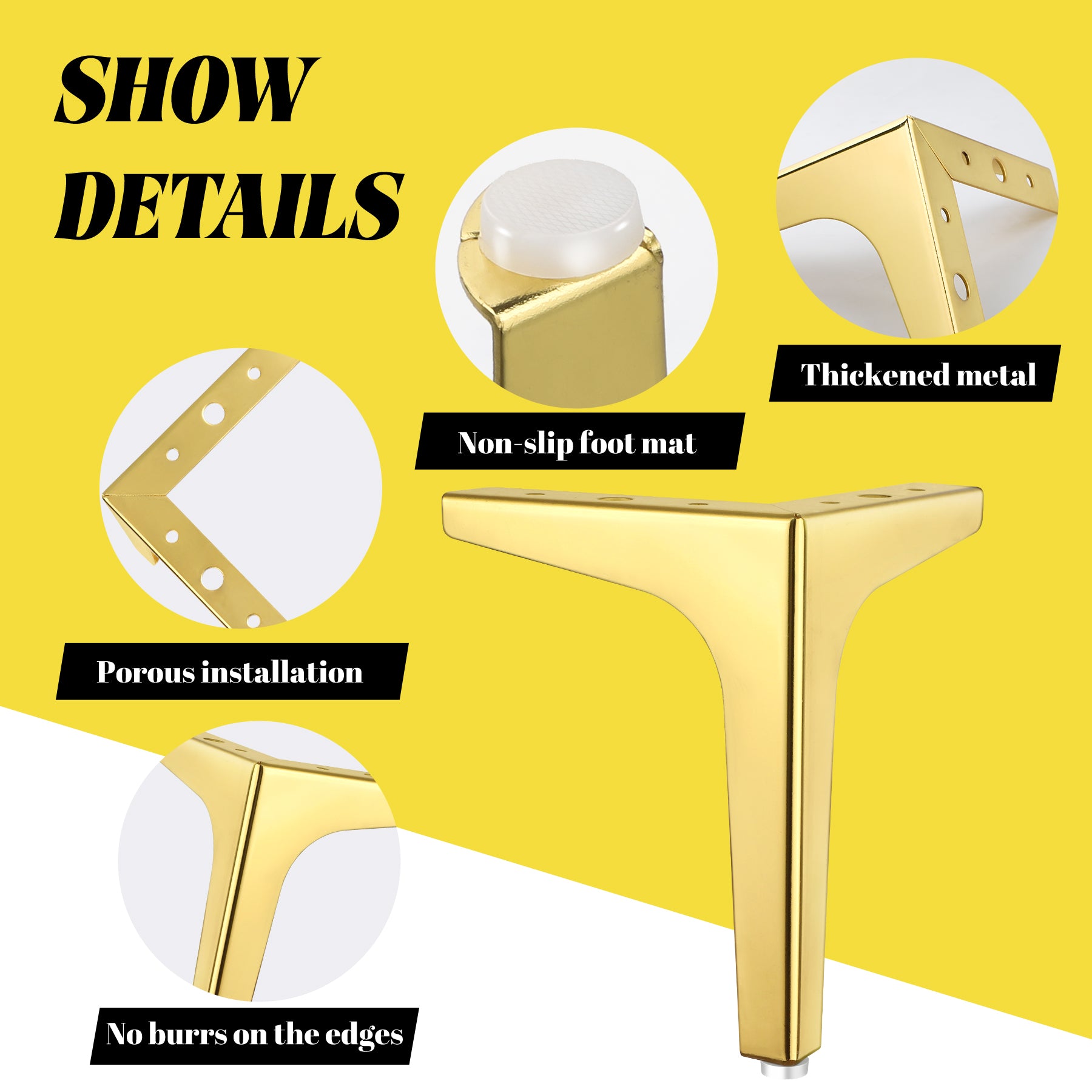 Eumtenr 4 Inch Solid Metal Furniture Legs, Polished Gold (Set of 4)