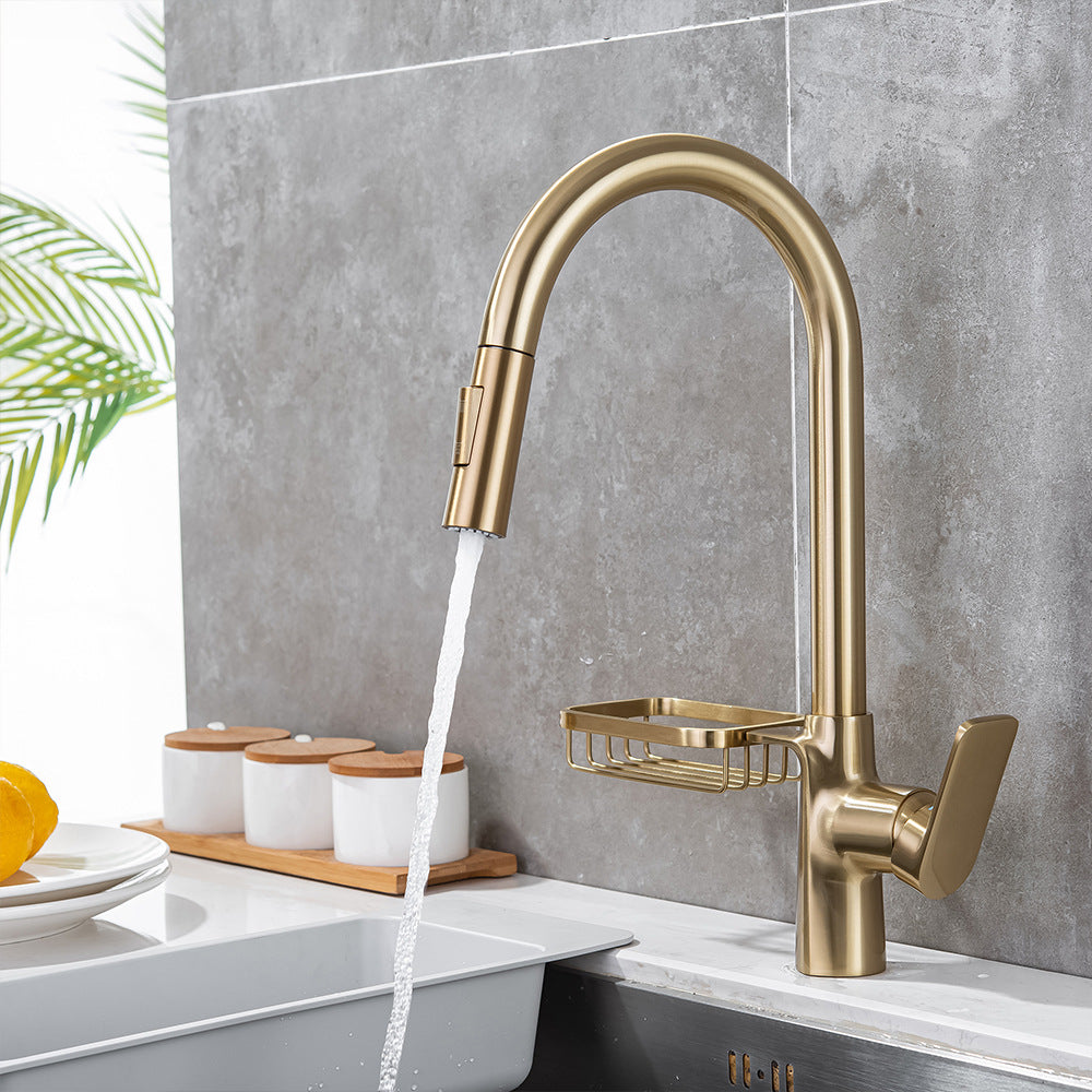 Full Brass Hot and Cold Water Pull Down Sprayer Kitchen Faucet with Storage Basket