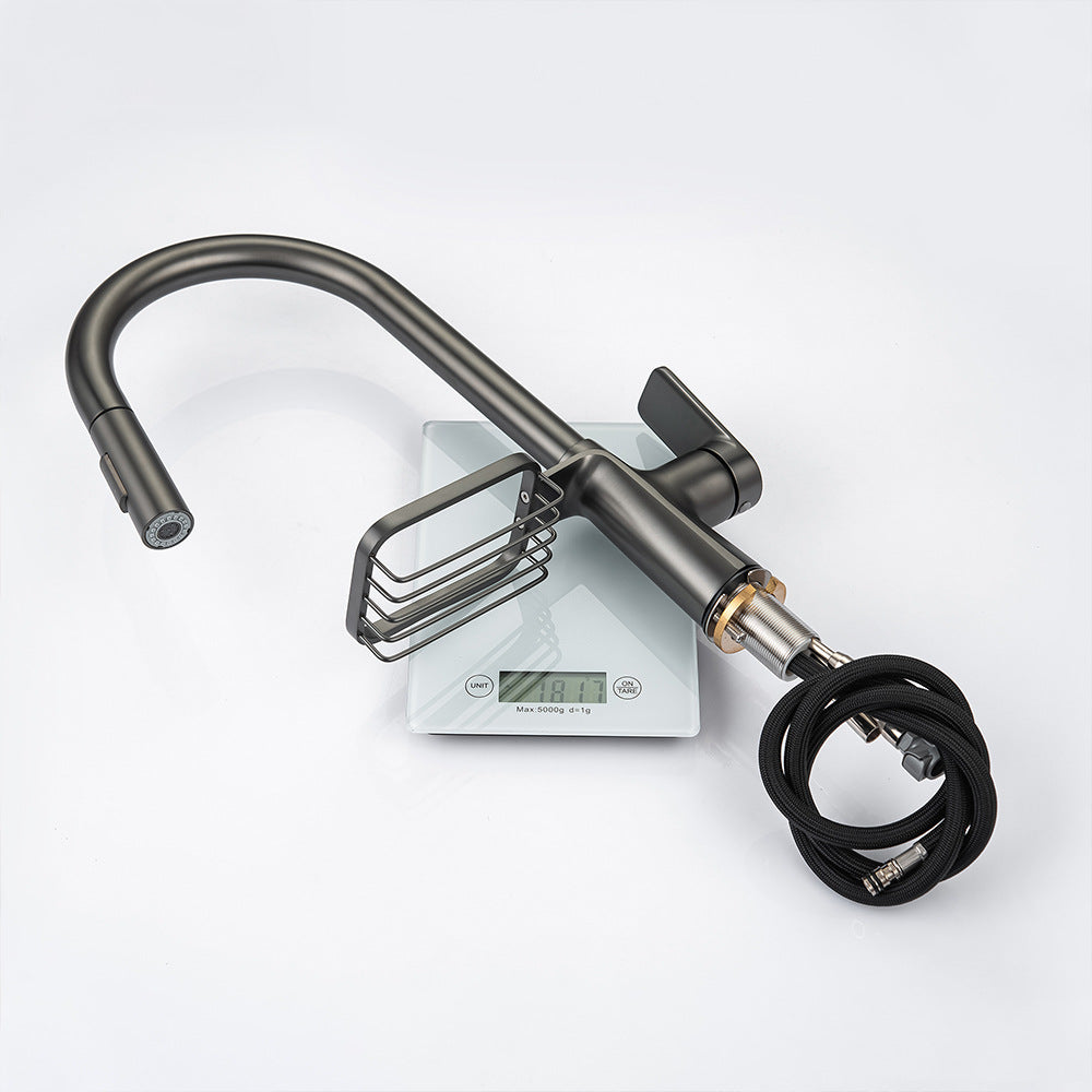 Full Brass Hot and Cold Water Pull Down Sprayer Kitchen Faucet with Storage Basket