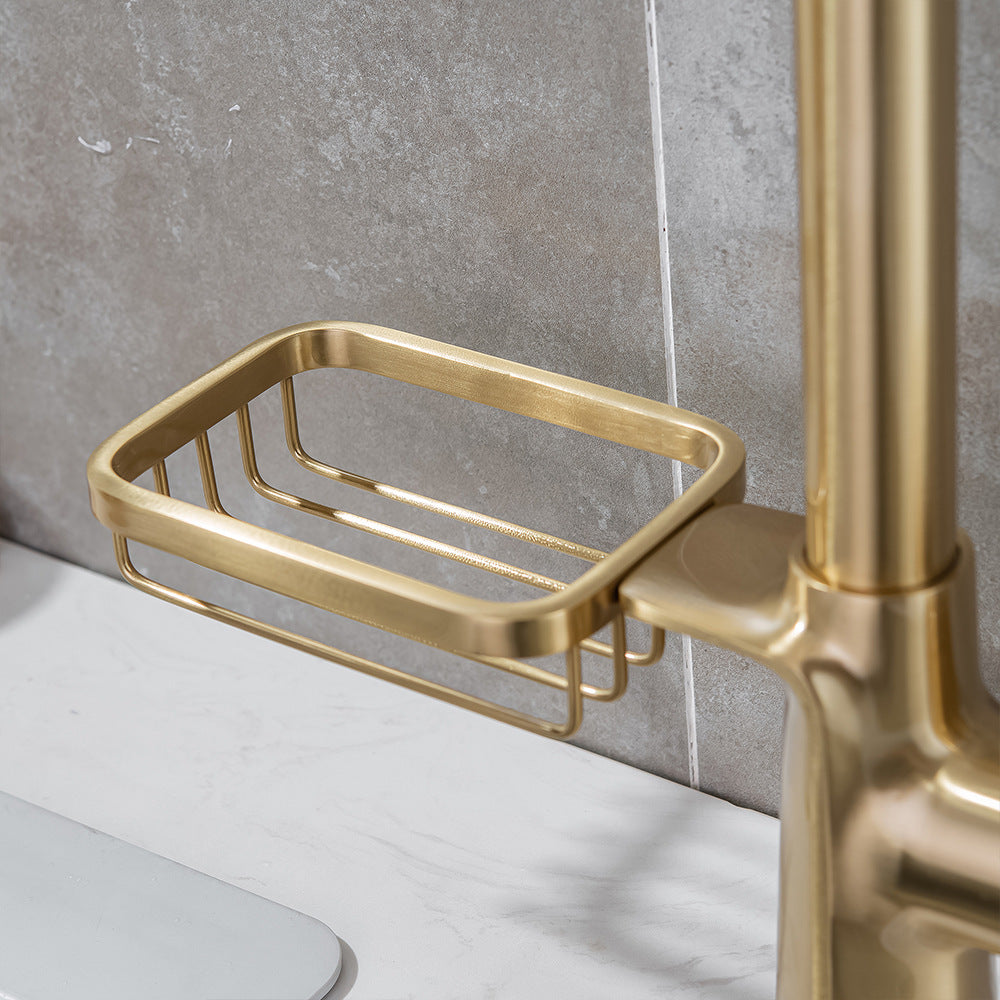 Full Brass Hot and Cold Water Pull Down Sprayer Kitchen Faucet with Storage Basket