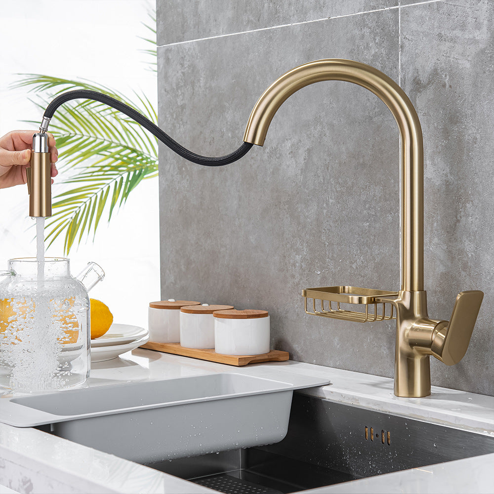 Full Brass Hot and Cold Water Pull Down Sprayer Kitchen Faucet with Storage Basket