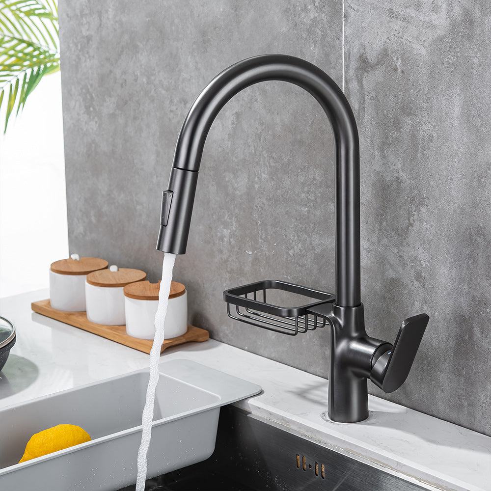 Full Brass Hot and Cold Water Pull Down Sprayer Kitchen Faucet with Storage Basket