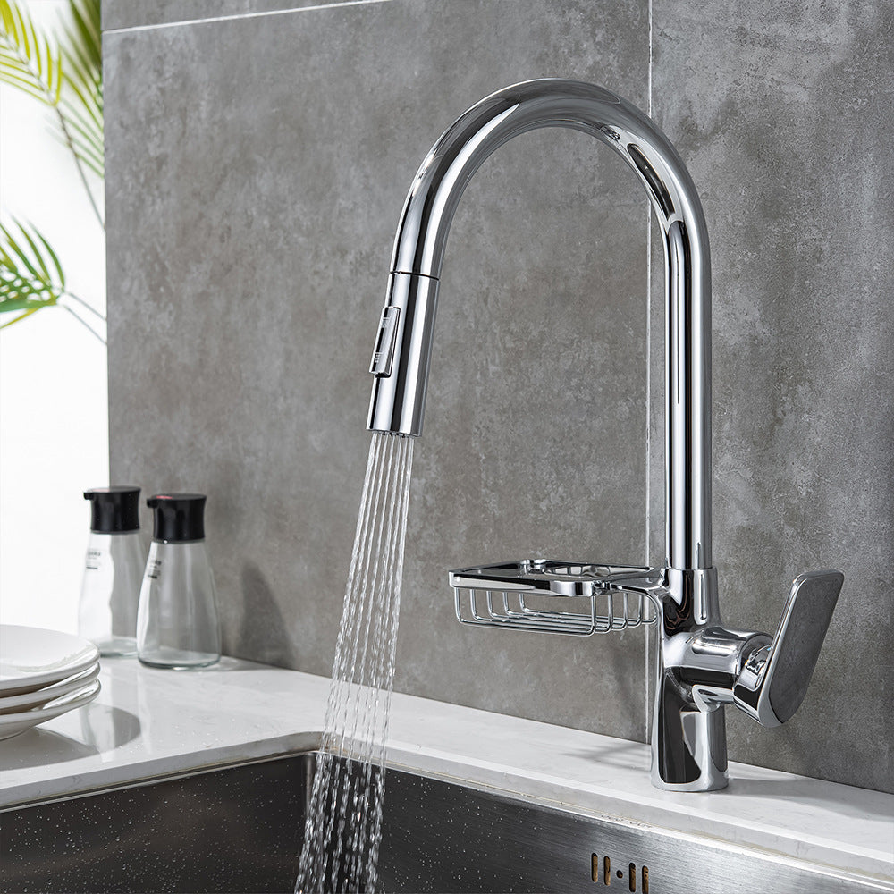 Full Brass Hot and Cold Water Pull Down Sprayer Kitchen Faucet with Storage Basket
