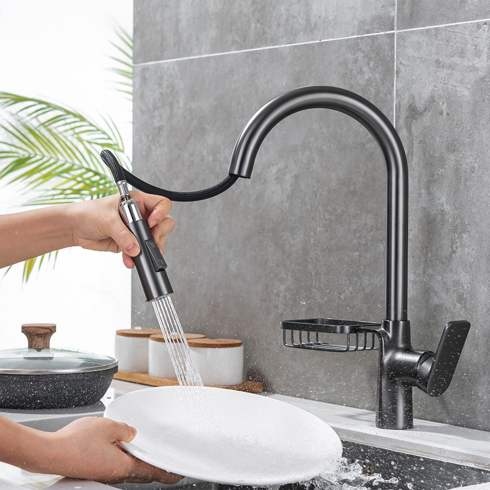 Full Brass Hot and Cold Water Pull Down Sprayer Kitchen Faucet with Storage Basket