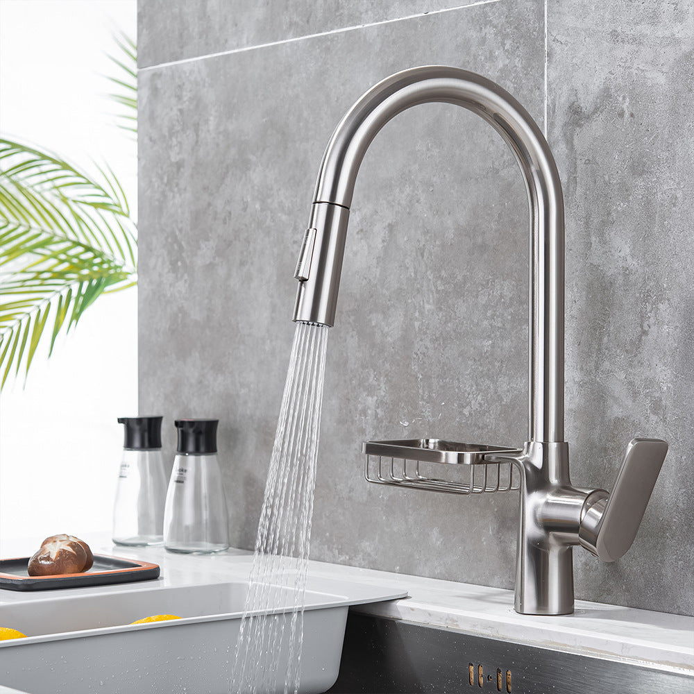 Full Brass Hot and Cold Water Pull Down Sprayer Kitchen Faucet with Storage Basket