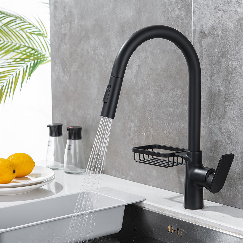 Full Brass Hot and Cold Water Pull Down Sprayer Kitchen Faucet with Storage Basket