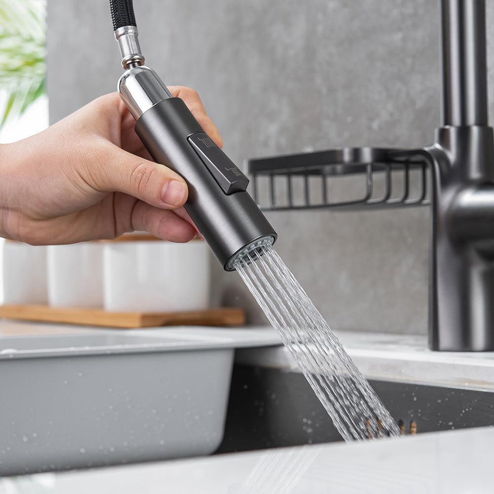 Full Brass Hot and Cold Water Pull Down Sprayer Kitchen Faucet with Storage Basket