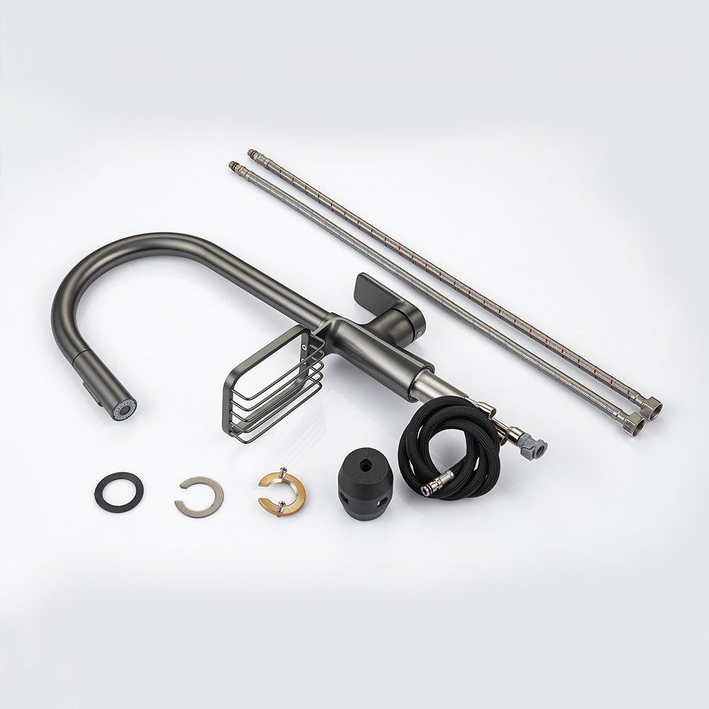 Full Brass Hot and Cold Water Pull Down Sprayer Kitchen Faucet with Storage Basket