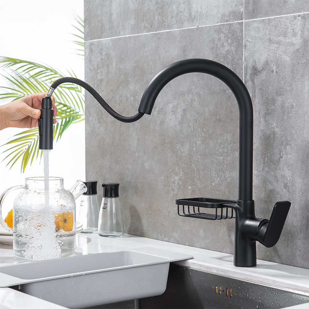 Full Brass Hot and Cold Water Pull Down Sprayer Kitchen Faucet with Storage Basket