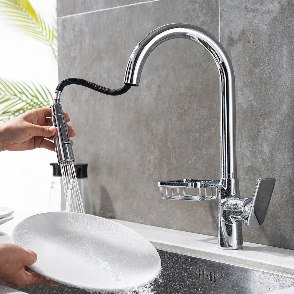 Full Brass Hot and Cold Water Pull Down Sprayer Kitchen Faucet with Storage Basket