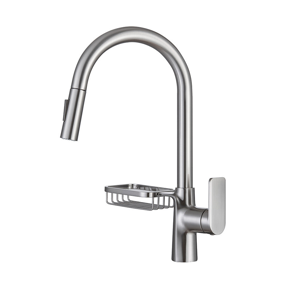 Full Brass Hot and Cold Water Pull Down Sprayer Kitchen Faucet with Storage Basket