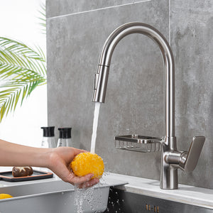 Full Brass Hot and Cold Water Pull Down Sprayer Kitchen Faucet with Storage Basket
