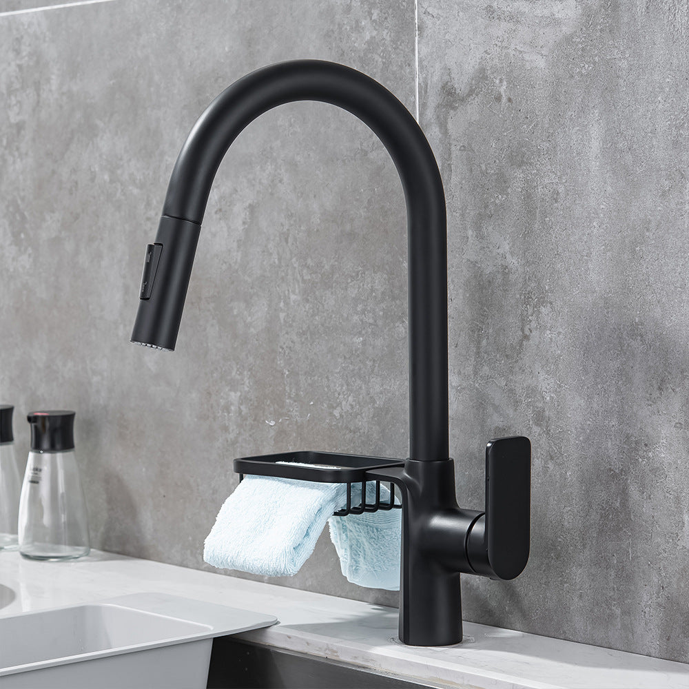 Full Brass Hot and Cold Water Pull Down Sprayer Kitchen Faucet with Storage Basket