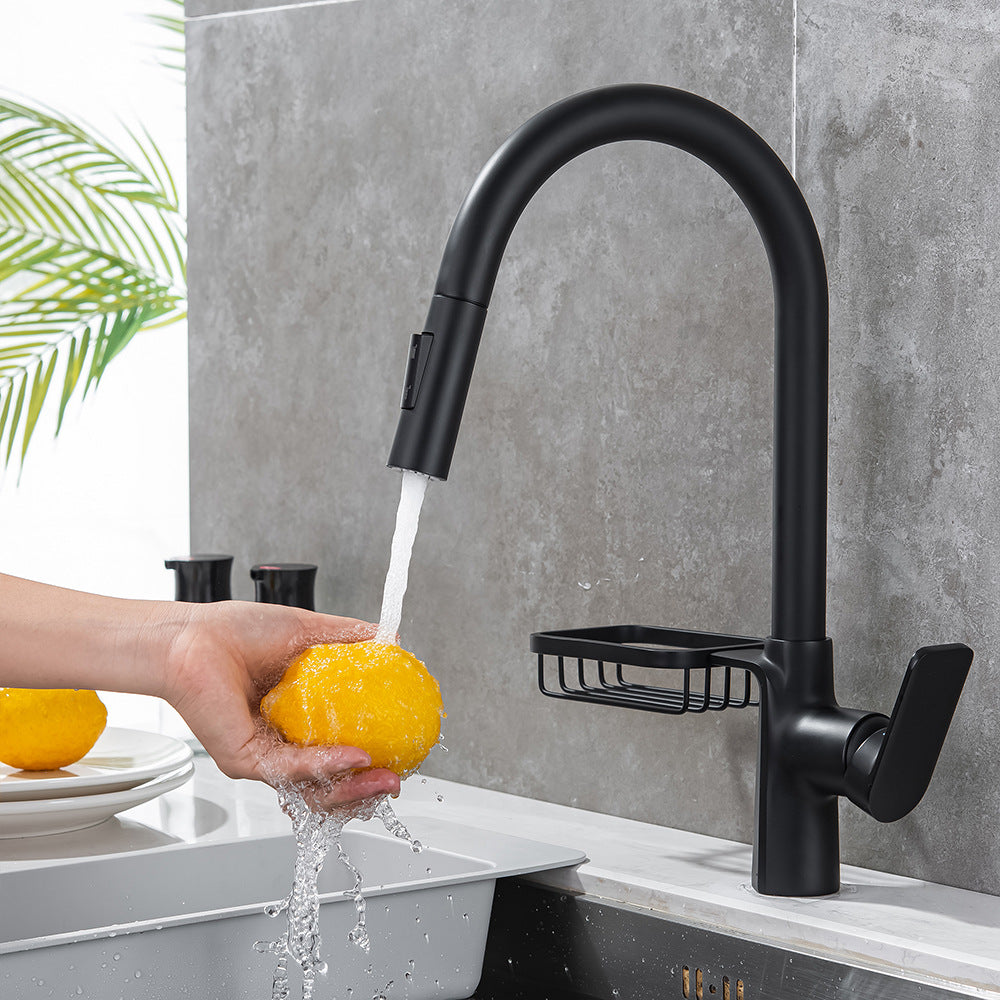 Full Brass Hot and Cold Water Pull Down Sprayer Kitchen Faucet with Storage Basket