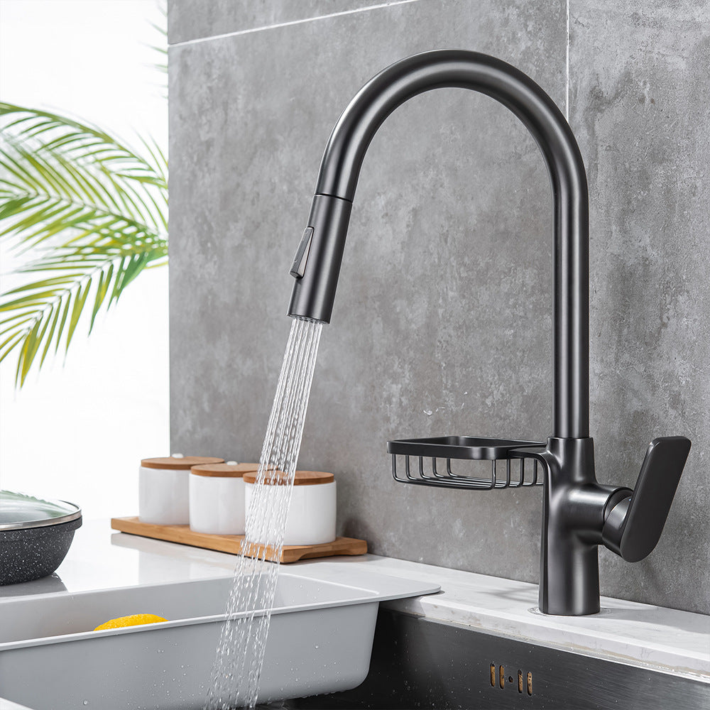 Full Brass Hot and Cold Water Pull Down Sprayer Kitchen Faucet with Storage Basket