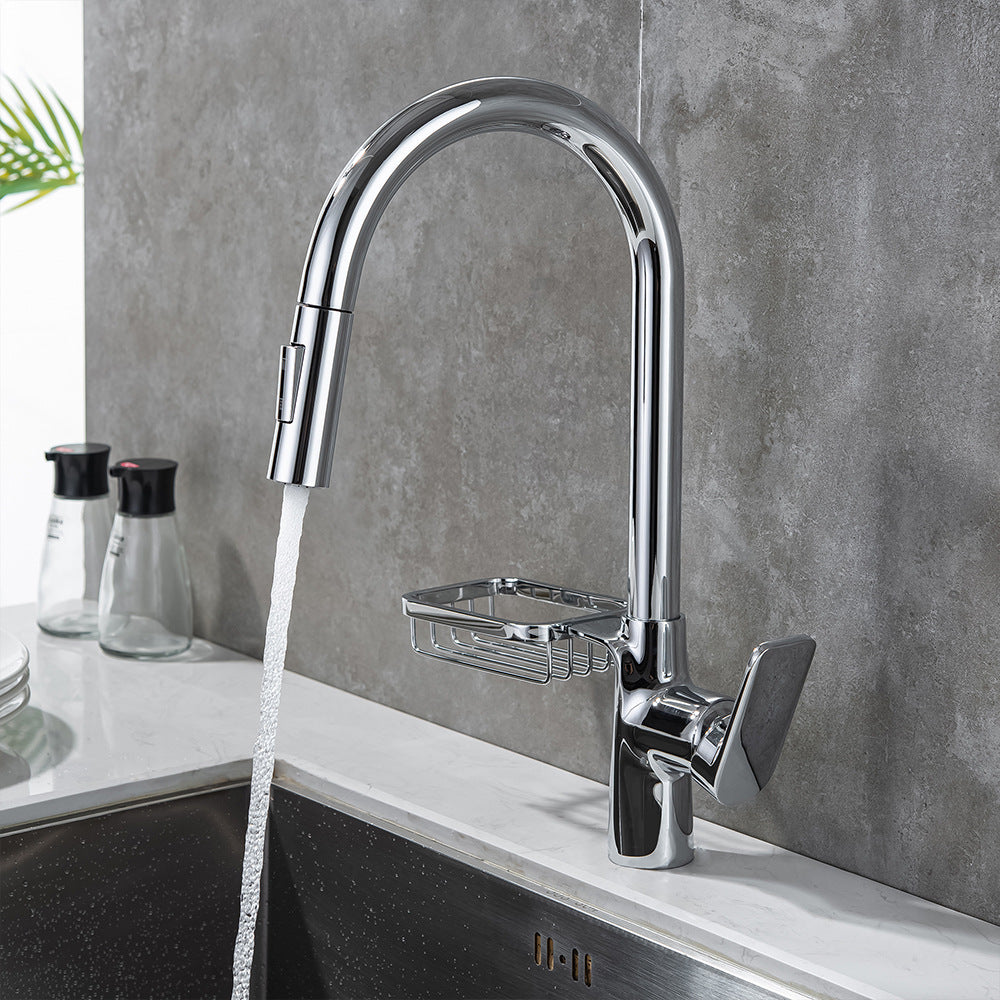 Full Brass Hot and Cold Water Pull Down Sprayer Kitchen Faucet with Storage Basket