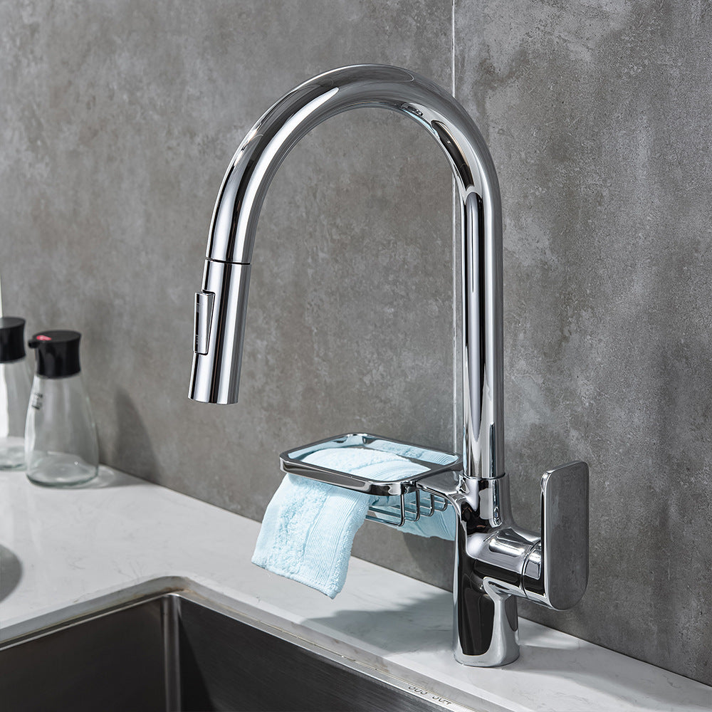 Full Brass Hot and Cold Water Pull Down Sprayer Kitchen Faucet with Storage Basket