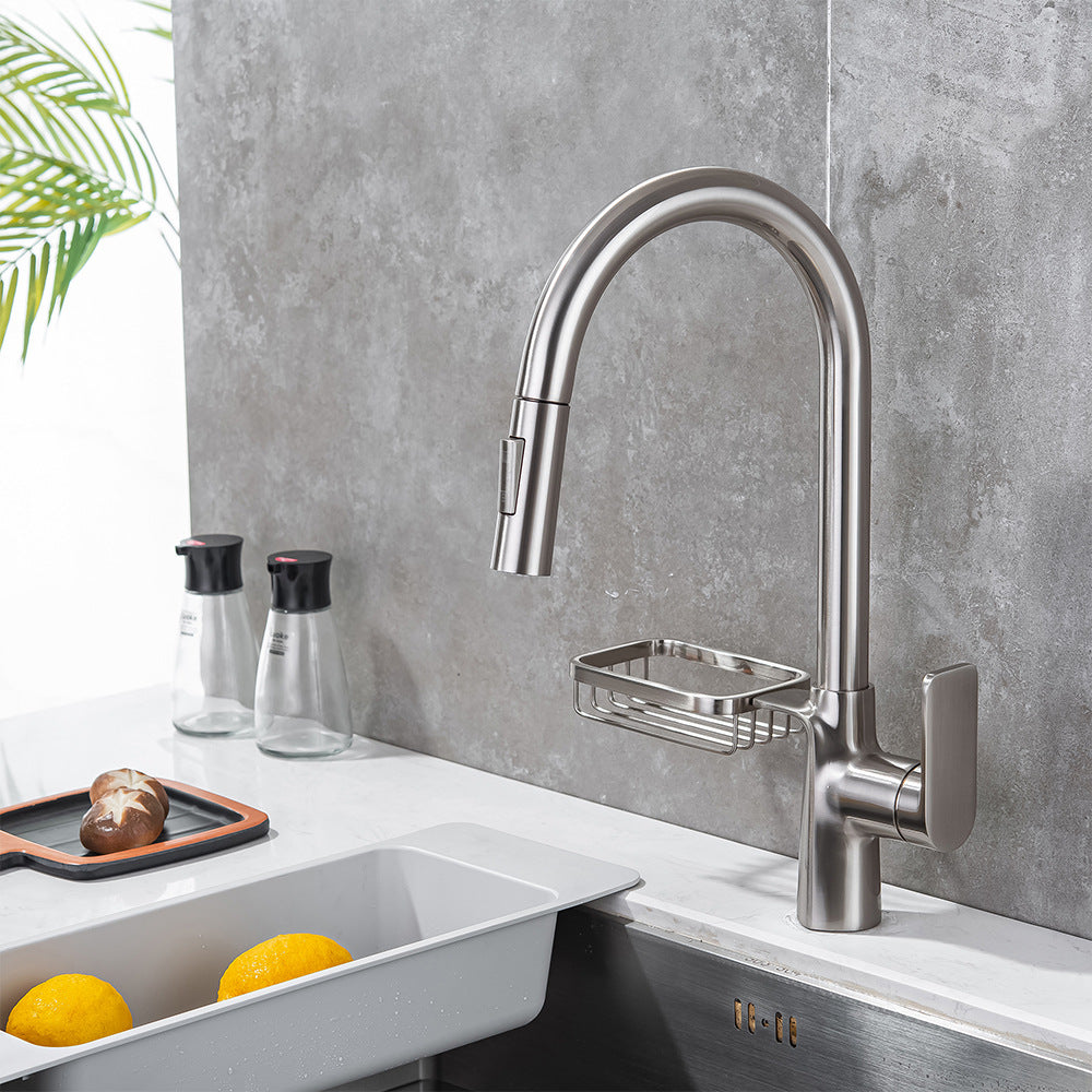 Full Brass Hot and Cold Water Pull Down Sprayer Kitchen Faucet with Storage Basket