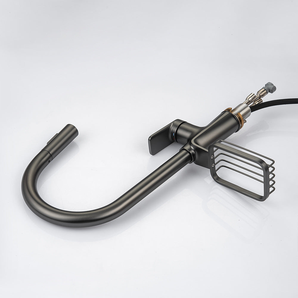 Full Brass Hot and Cold Water Pull Down Sprayer Kitchen Faucet with Storage Basket