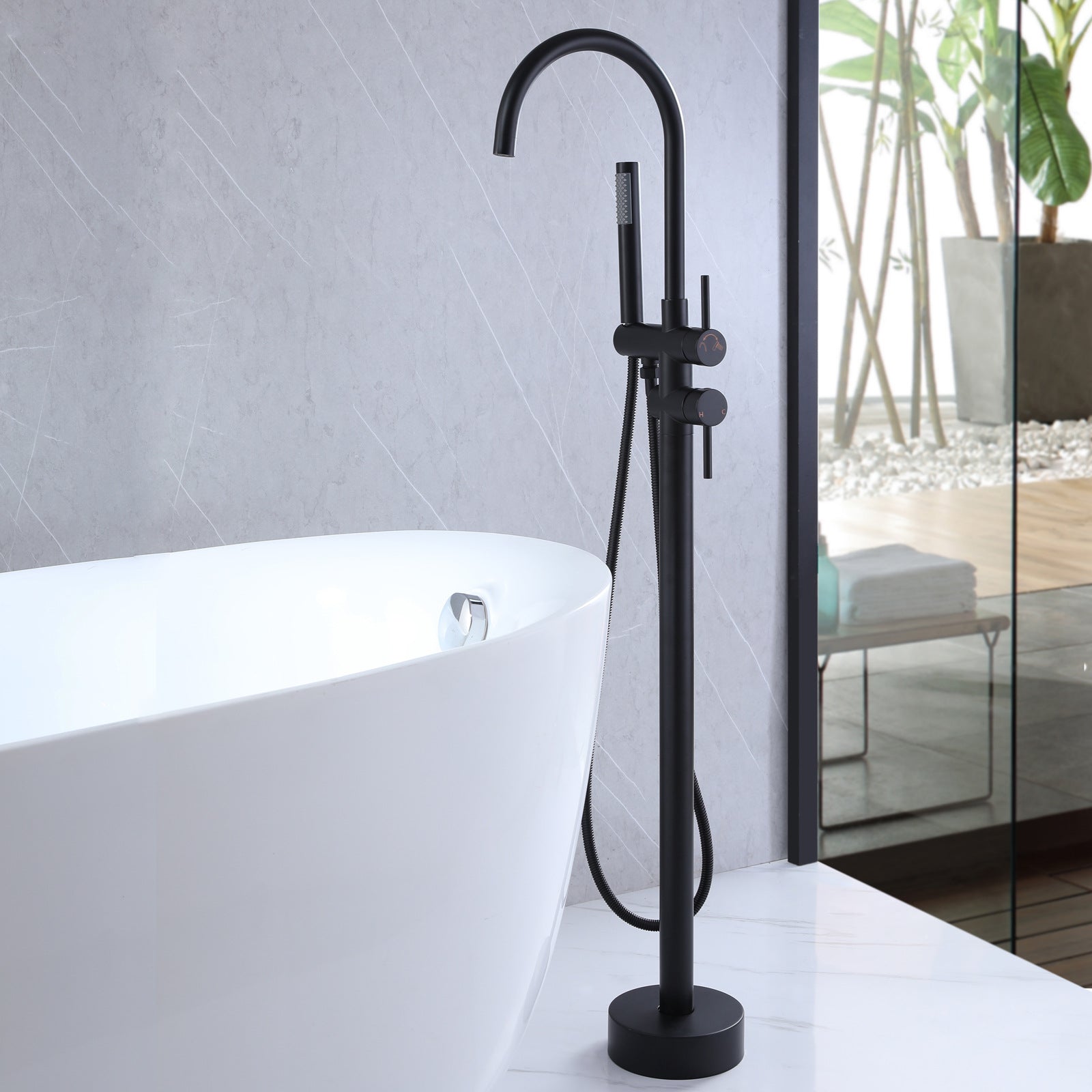 Brass Floor Mount Tub Bathtub Faucet Single Handle with Hand Shower - Round