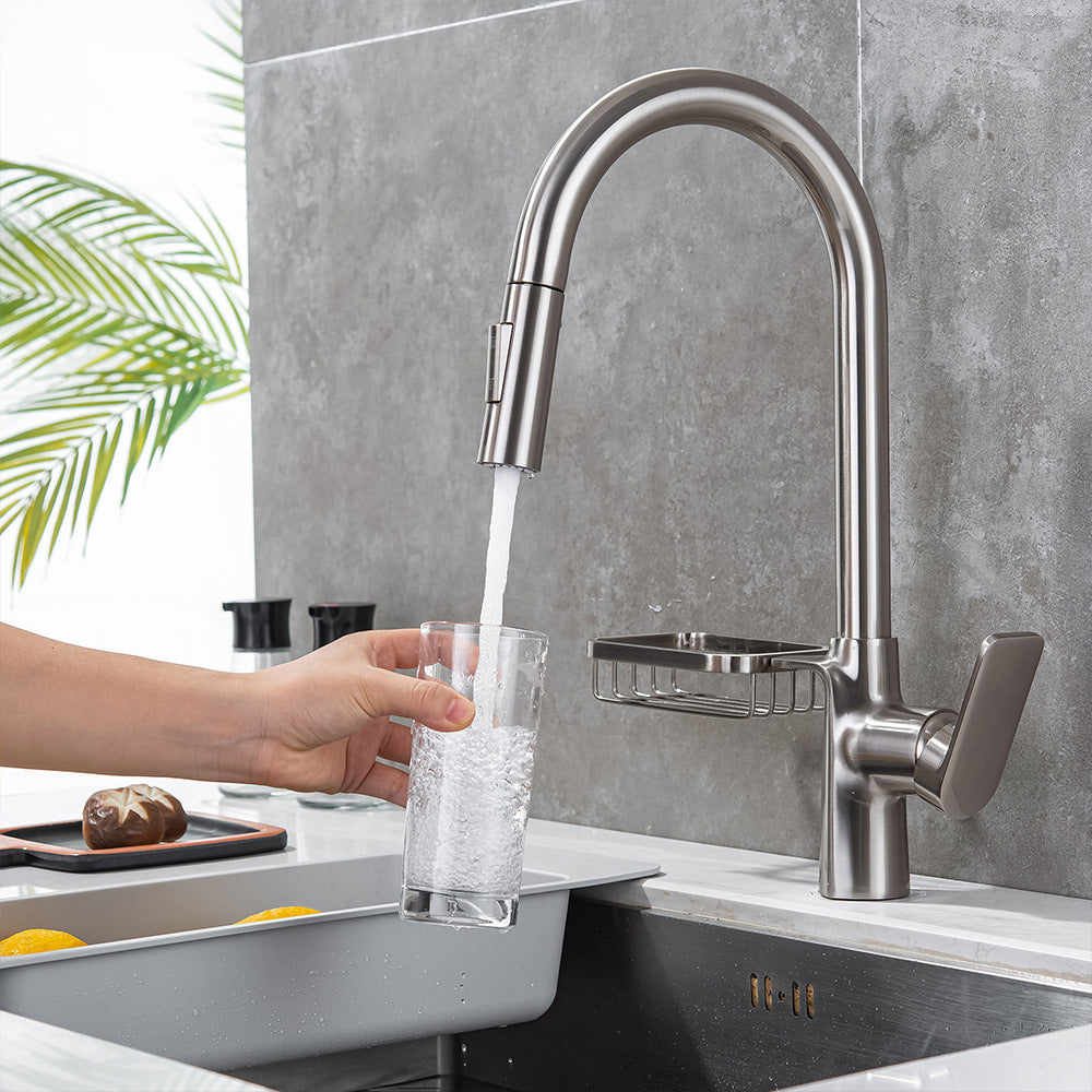 Full Brass Hot and Cold Water Pull Down Sprayer Kitchen Faucet with Storage Basket