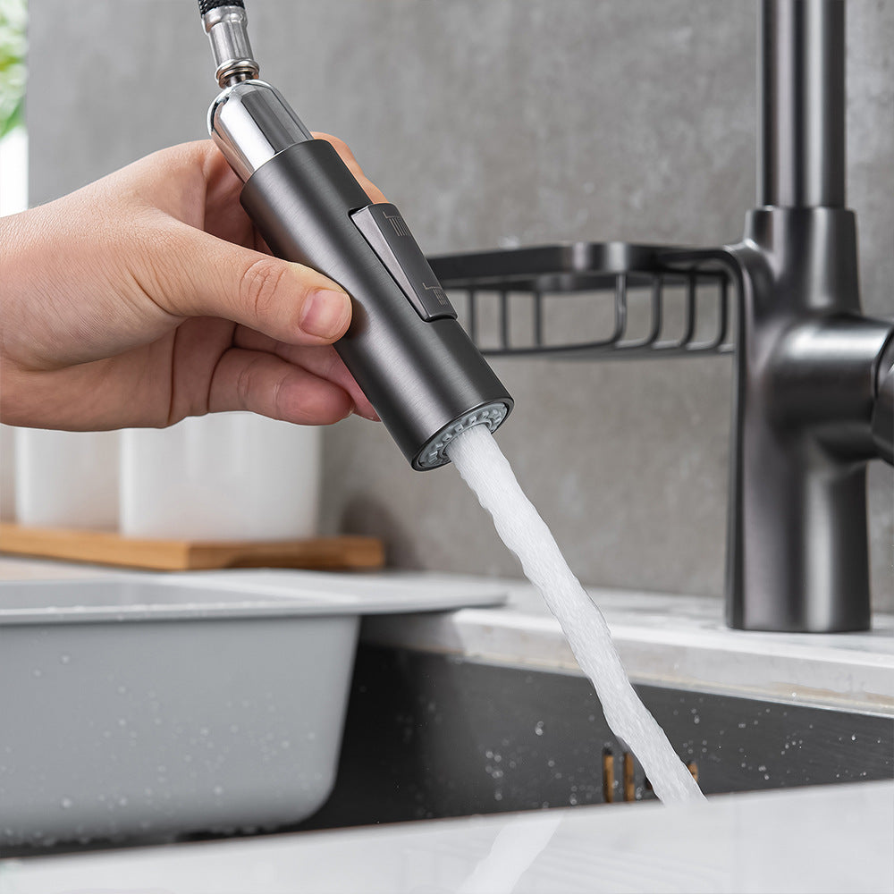 Full Brass Hot and Cold Water Pull Down Sprayer Kitchen Faucet with Storage Basket