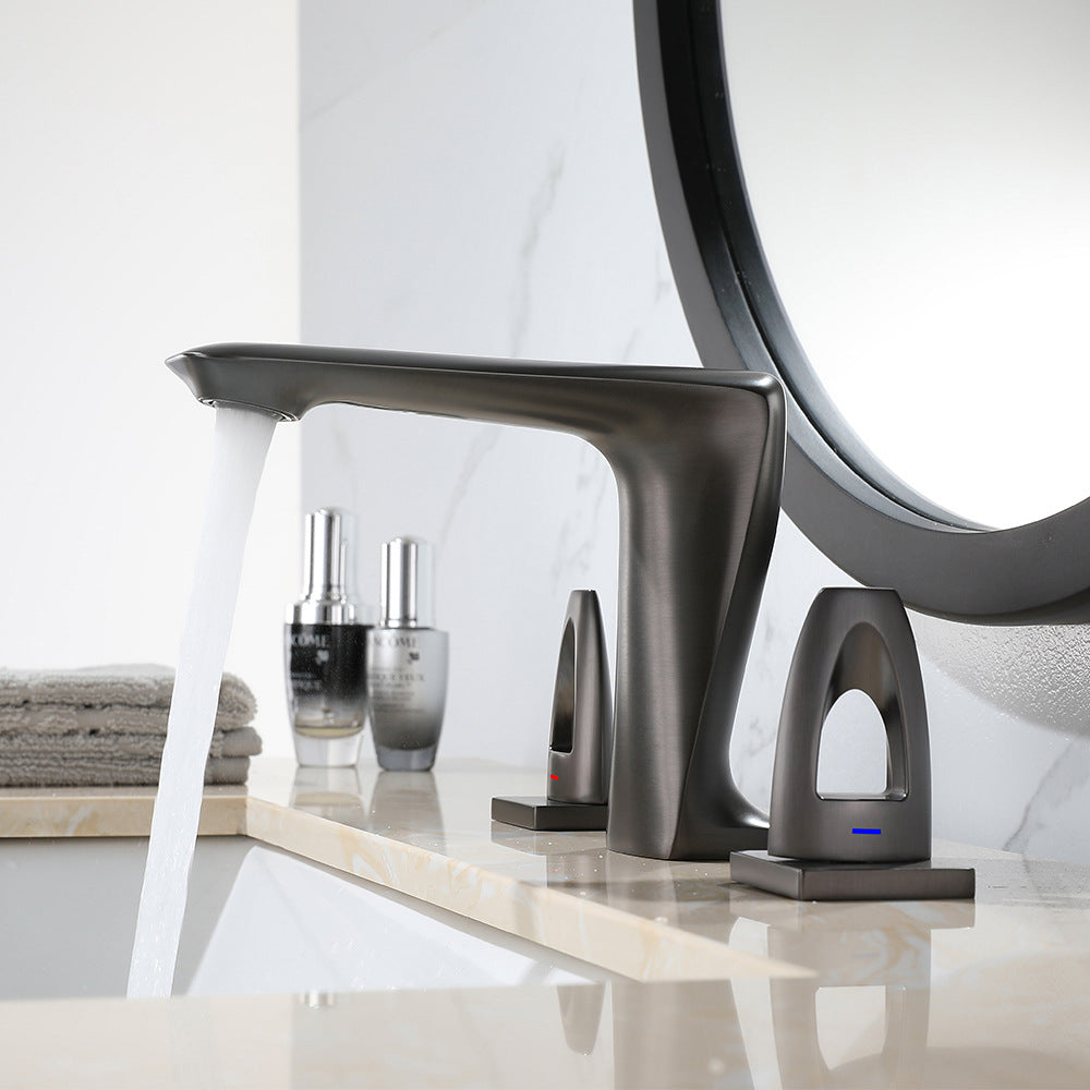 All Brass Modern Cold and Hot Water Dual Switch 3 Hole Bathroom Basin Faucet