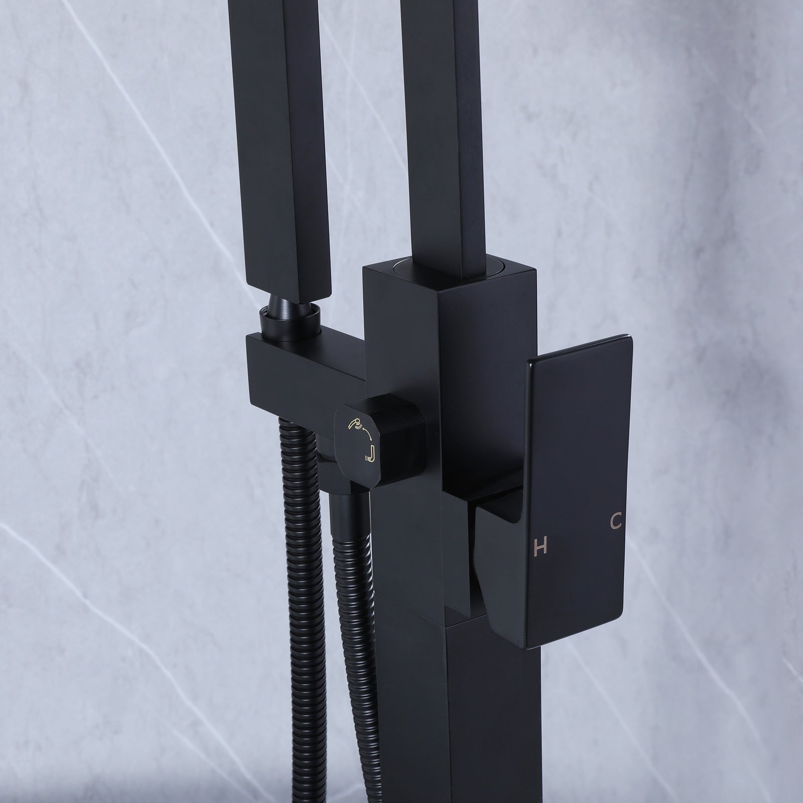 Brass Floor Mount Tub Bathtub Faucet Single Handle with Hand Shower - Square