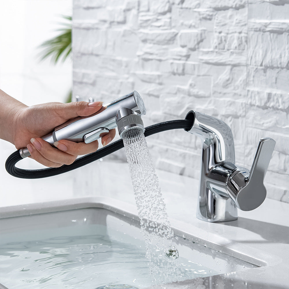 Eumtenr Full Brass Hot and Cold Water Pull Down Bathroom Faucet One Click Switching