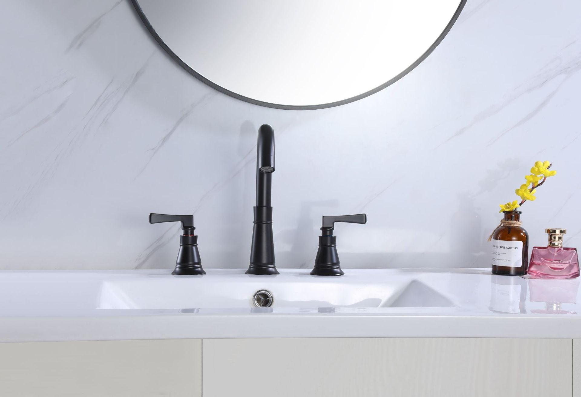 Full Brass Three Hole Faucet, Cold and Hot European Split Bathroom Faucet - Matte Black