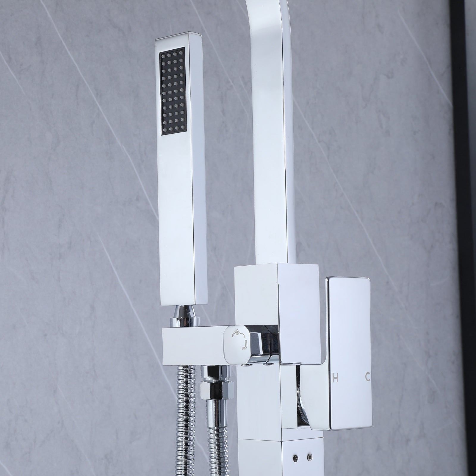 Brass Floor Mount Tub Bathtub Faucet Single Handle with Hand Shower - Square