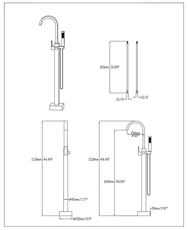 Brass Floor Mount Tub Bathtub Faucet Single Handle with Hand Shower - Square