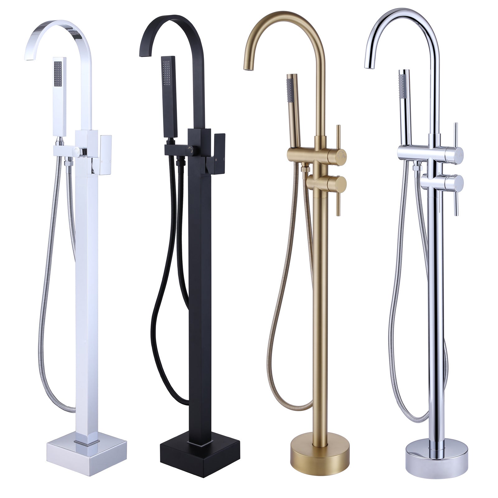 Brass Floor Mount Tub Bathtub Faucet Single Handle with Hand Shower - Square