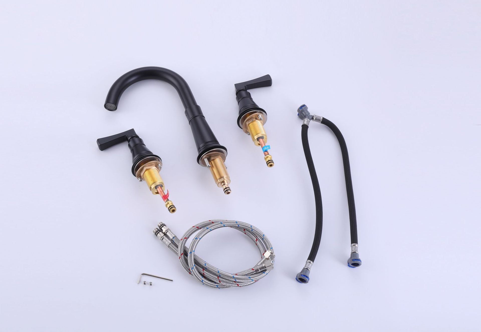 Full Brass Three Hole Faucet, Cold and Hot European Split Bathroom Faucet - Matte Black