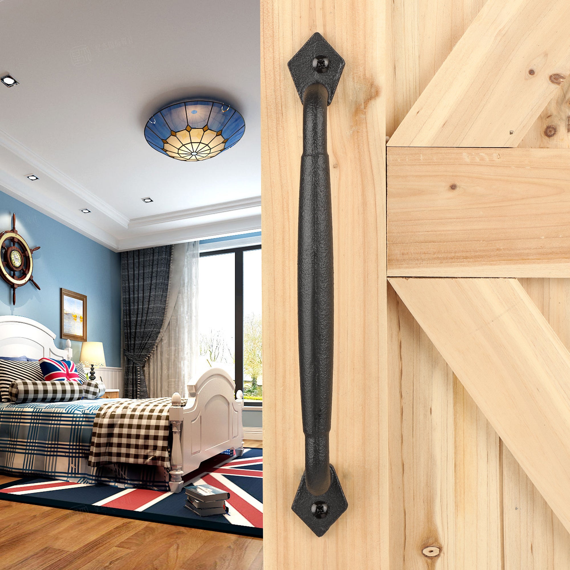 Euntenr Heavy Duty 12" Round Solid Rustic Barn Door Handles, Matte Black