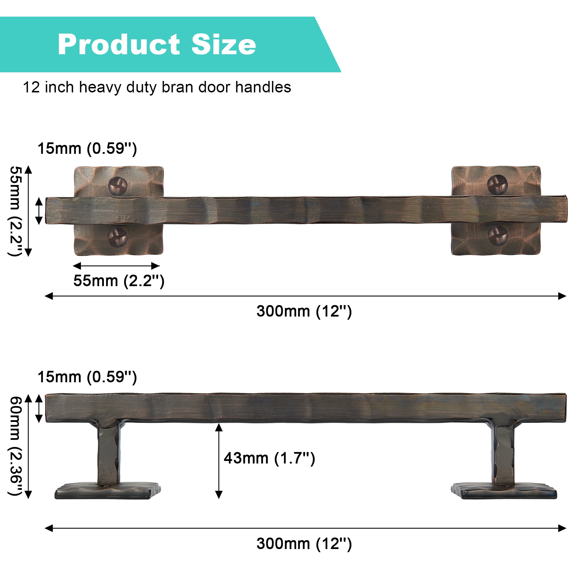 Heavy Duty 12" Rustic Square Solid Barn Door Handles ORB