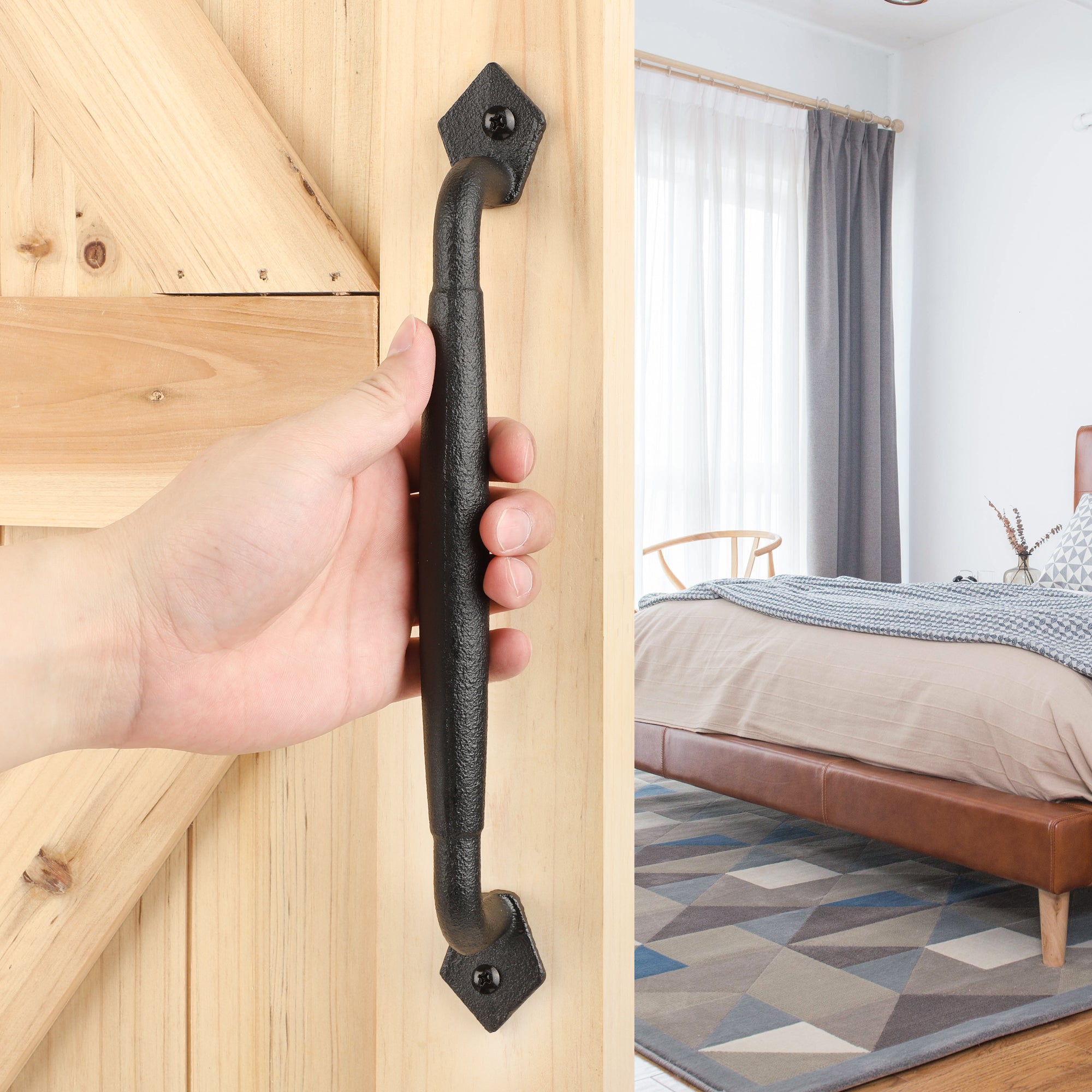 Euntenr Heavy Duty 12" Round Solid Rustic Barn Door Handles, Matte Black